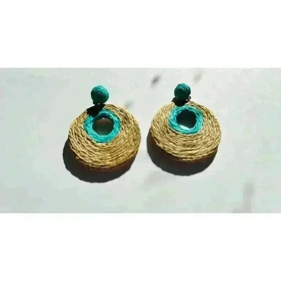 Handmade Rattan Disc Statement Earrings Teal And Tan - Picture 1 of 5